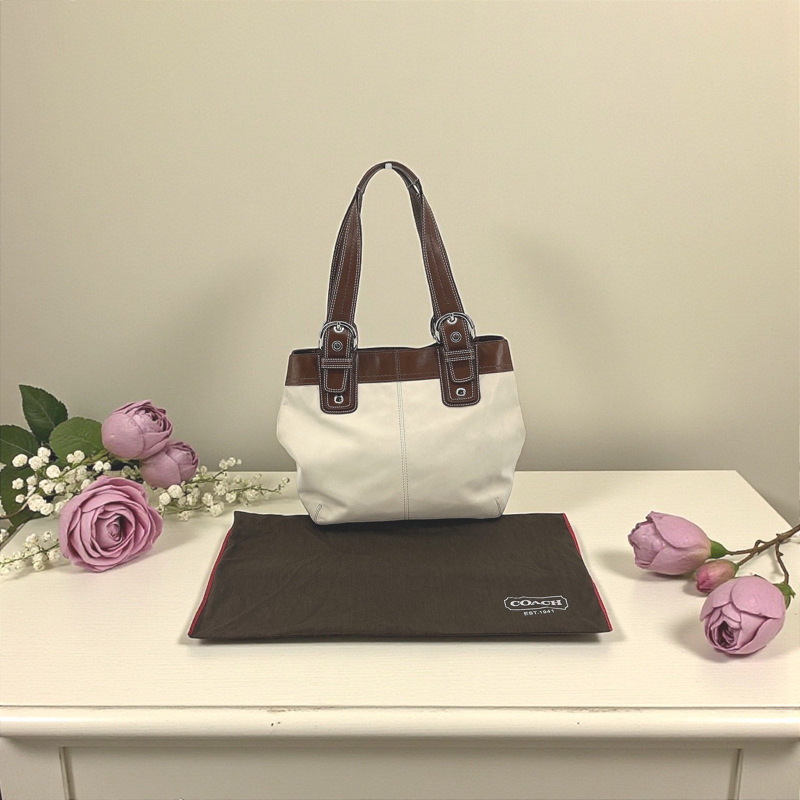 Coach Leather Tote Handbag White Brown Buckle Detail Shoulder Bag